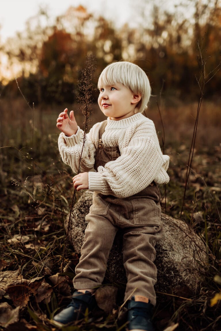 Family Photographer, A young boy sits on a rock on a chilly autumn day in a grassy field